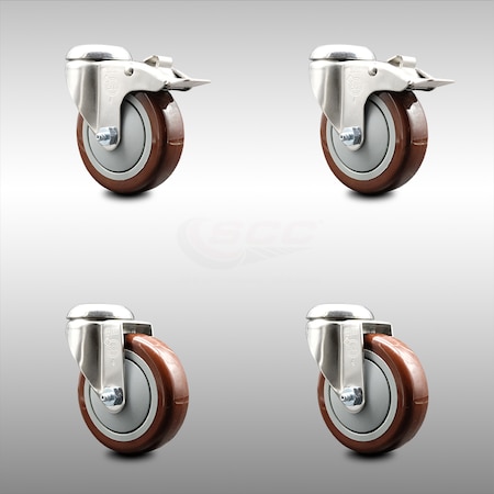 Service Caster 4 Inch 316SS Maroon Polyurethane Swivel Bolt Hole Caster Set with 2 Lock Brake SCC-SS316BHTTL20S414-PPUB-MRN-2-S-2